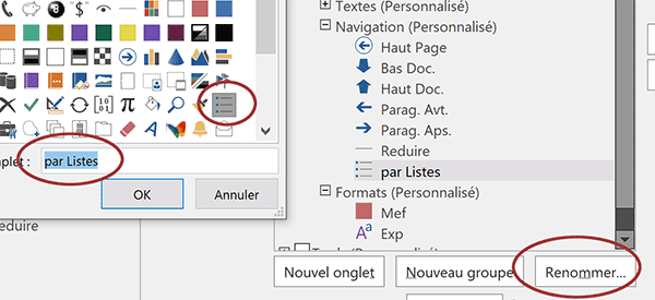 Nom et icône graphique du bouton de macro VBA Word