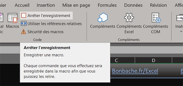 Arrêter enregistrement de la macro Excel