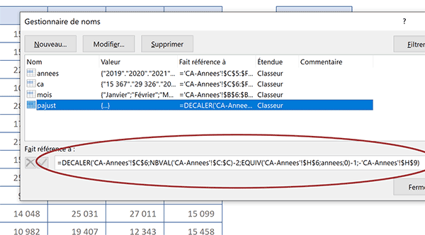 Syntaxe de la plage Excel dynamique avec fonction Decaler pour ajustements en selon des critères émis avec choix mois et année