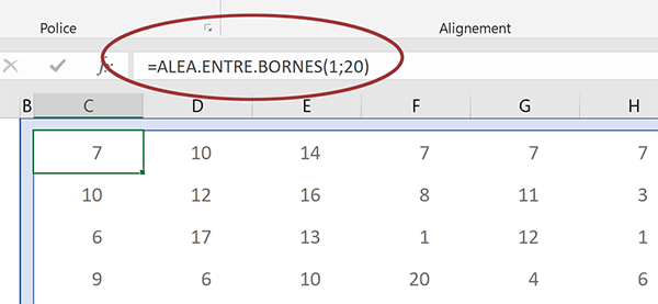 Formule Excel pour générer des valeurs numériques aléatoires bornées dans un tableau