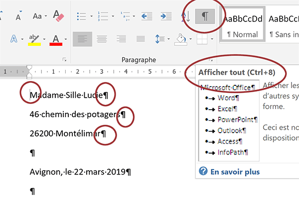 Conception document Word avec caractères masqués pour visualiser défauts et actions clavier