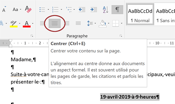 Aligner les paragraphes du document Word au centre de la page