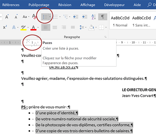 Listes énumérées décalées avec des symboles de puces en préfixe de chaque paragraphe Word