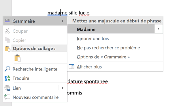 Clic droit et menu contextuel pour corriger automatiquement les fautes dans Word