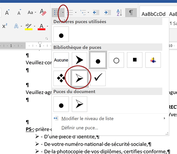 Changer le style des puces des listes énumérées Word