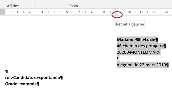 Décaler les lignes des paragraphes Word en déplaçant le curseur du retrait gauche sur la règle