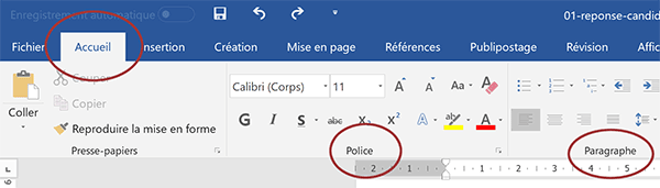 Ruban Accueil Word proposant outils de mise en forme de texte et de paragraphe
