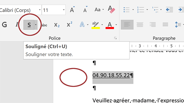 Souligner un paragraphe de textes Word