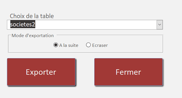 Formulaire Access pour exporter les données à la suite dans un fichier CSV