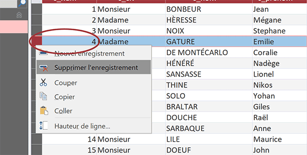 Supprimer un enregistrement de table Access pour créer une rupture dans les numéros du champ de la clé primaire