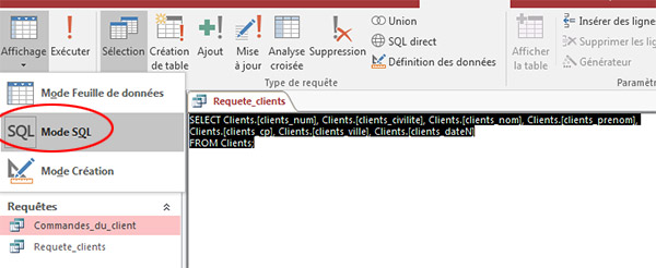 Langage SQL requête base de données Access