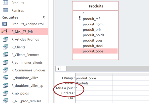 Critère de mise à jour des enregistrements de table Access par requête action
