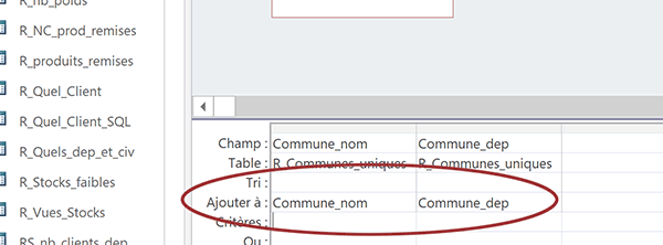 Désigner les champs de correspondance entre deux tables Access pour ajout de données par requête