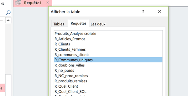 Créer une requête Access Ajout sur une requête sélection des valeurs uniques