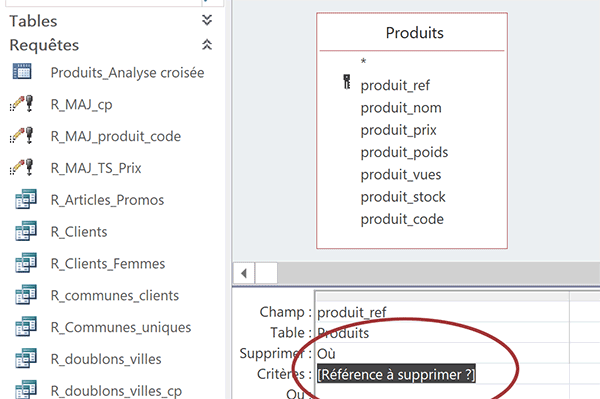 Critère dynamique paramétré de requête Access pour supprimer des données spécifiques de table