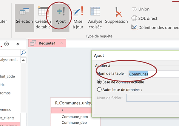 Désigner la table de destination pour recevoir les enregistrements par requête insertion Access