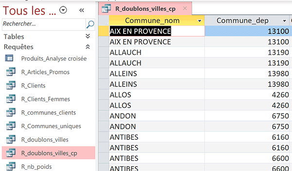 Résultats de requête Access pour extraire les doublons de communes sur égalité des paires de champs