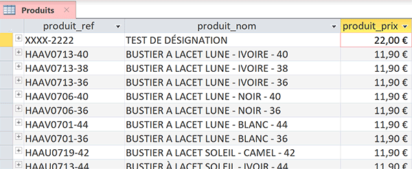 Table Access des articles à vendre pour mise à jour des stocks et tarifs par requêtes