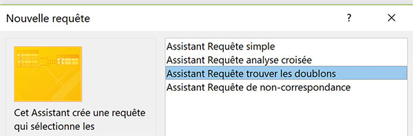 Assistant requête Access pour extraire les doublons et redondances dans table