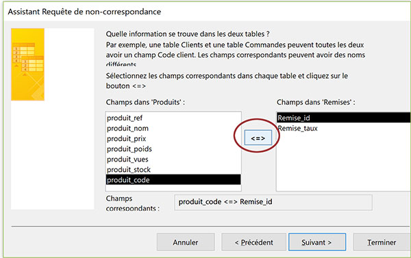 Désigner lien de champs de tables Access pour assistant requête non correspondance