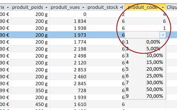 Choix du code promotionnel par liste déroulante dans la table des produits Access