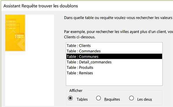 Choisir table Access dans laquelle identifier les doublons