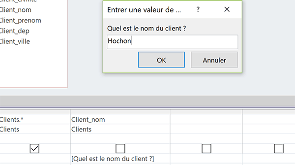 Critère à définir dans boîte de dialogue pour requête paramétrée Access isolant un client par son nom