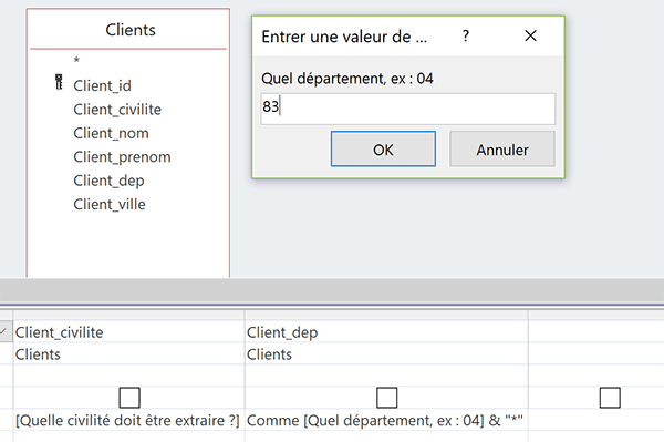 Deuxième question enchaînée par requête paramétrée Access pour affiner données à extraire