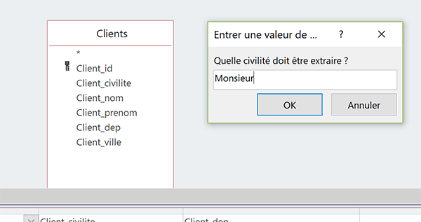 Question boîte de dialogue requête Access paramétrée pour extraire informations à la demande