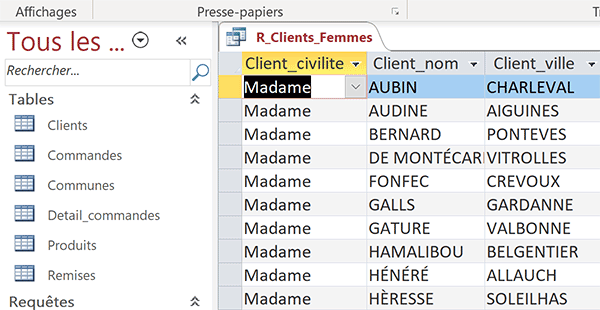 Extraire les clients femmes triés croissant par requête Access avec critère