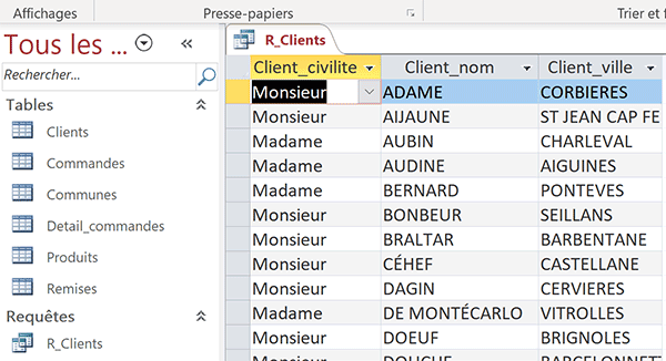 Données de table Clients réorganisées par ordre croissant grâce à requête Access