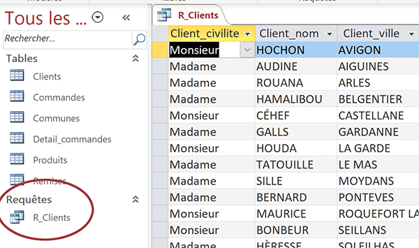 Requête Access filtrante enregistrée dans le volet de navigation