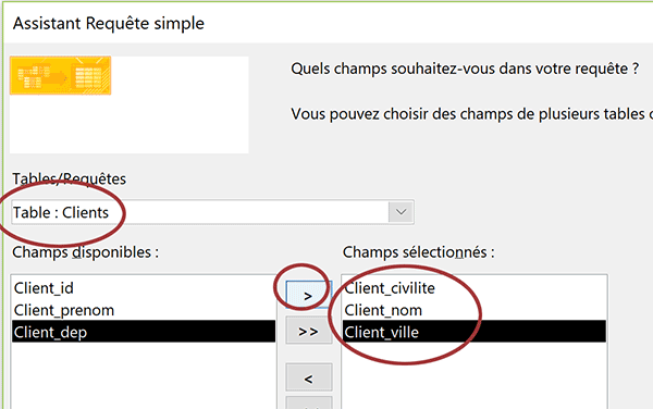 Sélectionner les champs à extraire, assistant requête Access