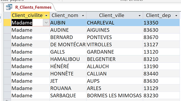 Extraction filtrée sur départements et civilités des clients par requête Access