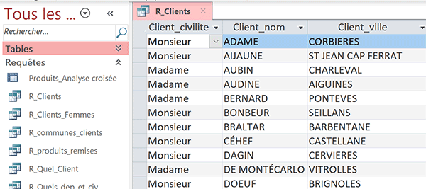 Extraction des informations clients par requête sélection Access