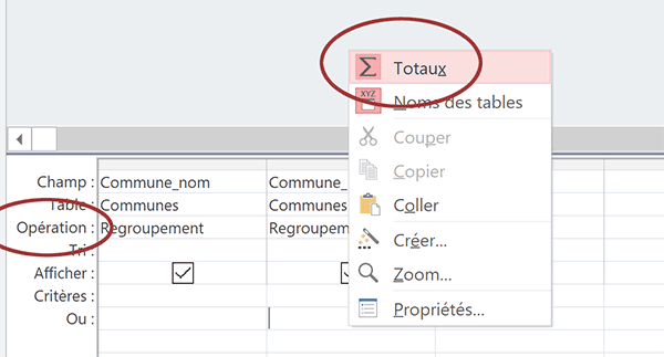 Ligne Totaux requête Access pour opérations de synthèse