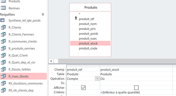 Requête de synthèse Access paramétrée pour compter tous les produits au stock faible