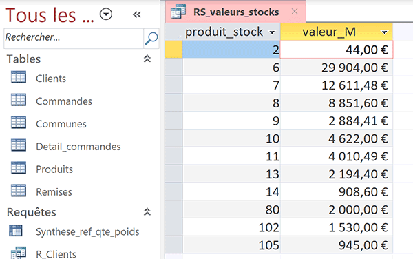 Requête Access pour calculer la valeur marchange des produits par quantités regroupées