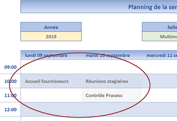 Mise en valeur dynamique des salles de réunion réservées dans le calendrier hebdomadaire Excel