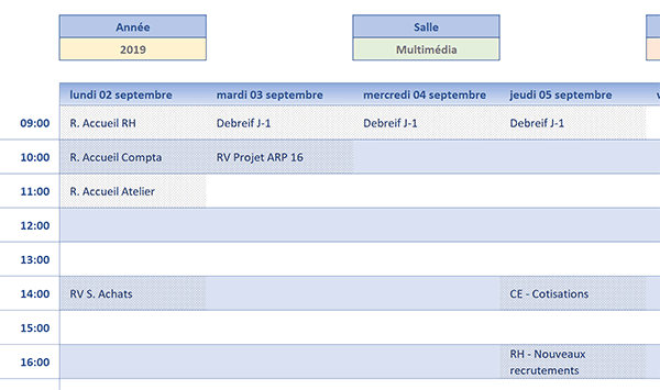 Calendrier semaines Excel des réservations de salles de réunion