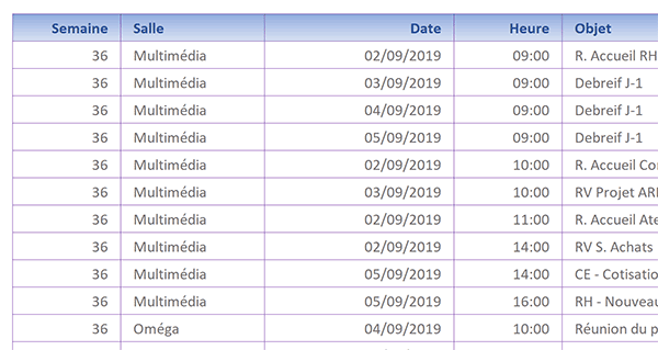 Tableau Excel archivant les salles de réunion réservées avec heures et numéros de semaine