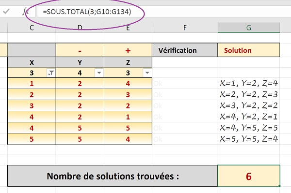 Dénombrer les solutions pour équation avec fonction Excel Sous.Total pour exclure combinaisons masquées