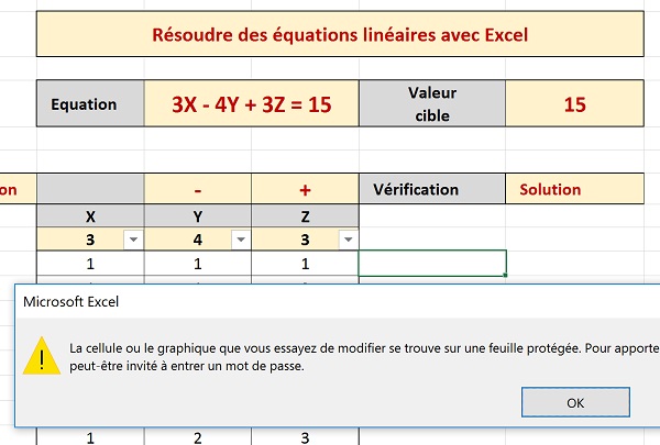 Cellules des calculs pour résoudre équations Excel protégées contre la modification