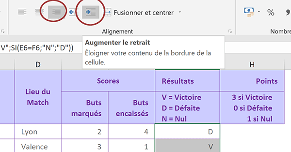 Formater et aligner les résultats numériques Excel avec décalage sur bordure de cellule