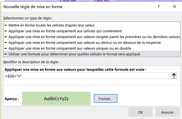 Règle de mise en forme conditionnelle Excel pour adapter dynamiquement la couleur des cellules en fonction des résultats calculés