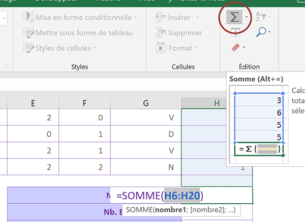 Somme automatique des points inscrits par équipe de foot avec Excel