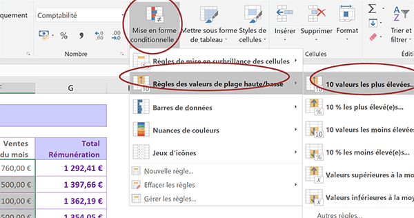 Règle de mise en forme conditionnelle prédéfinie pour changer apparence des cellules les plus grandes