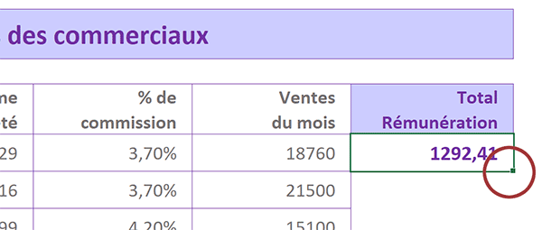 Poignée de cellule Excel pour répliquer logique de calcul des salaires des commerciaux