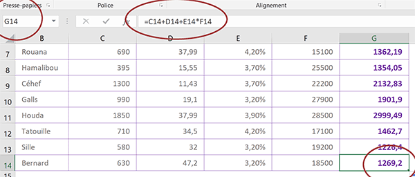 Coordonnées des cellules déplacées vers le bas en même temps que calcul excel répliqué sur les lignes du dessous