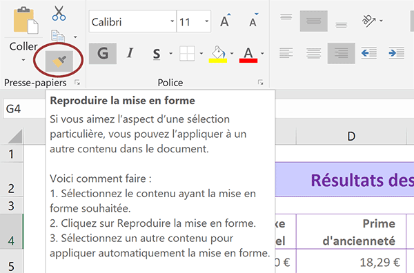 Outil reproduire la mise en forme Excel pour répliquer tous les attributs de cellules sans devoir les refaire